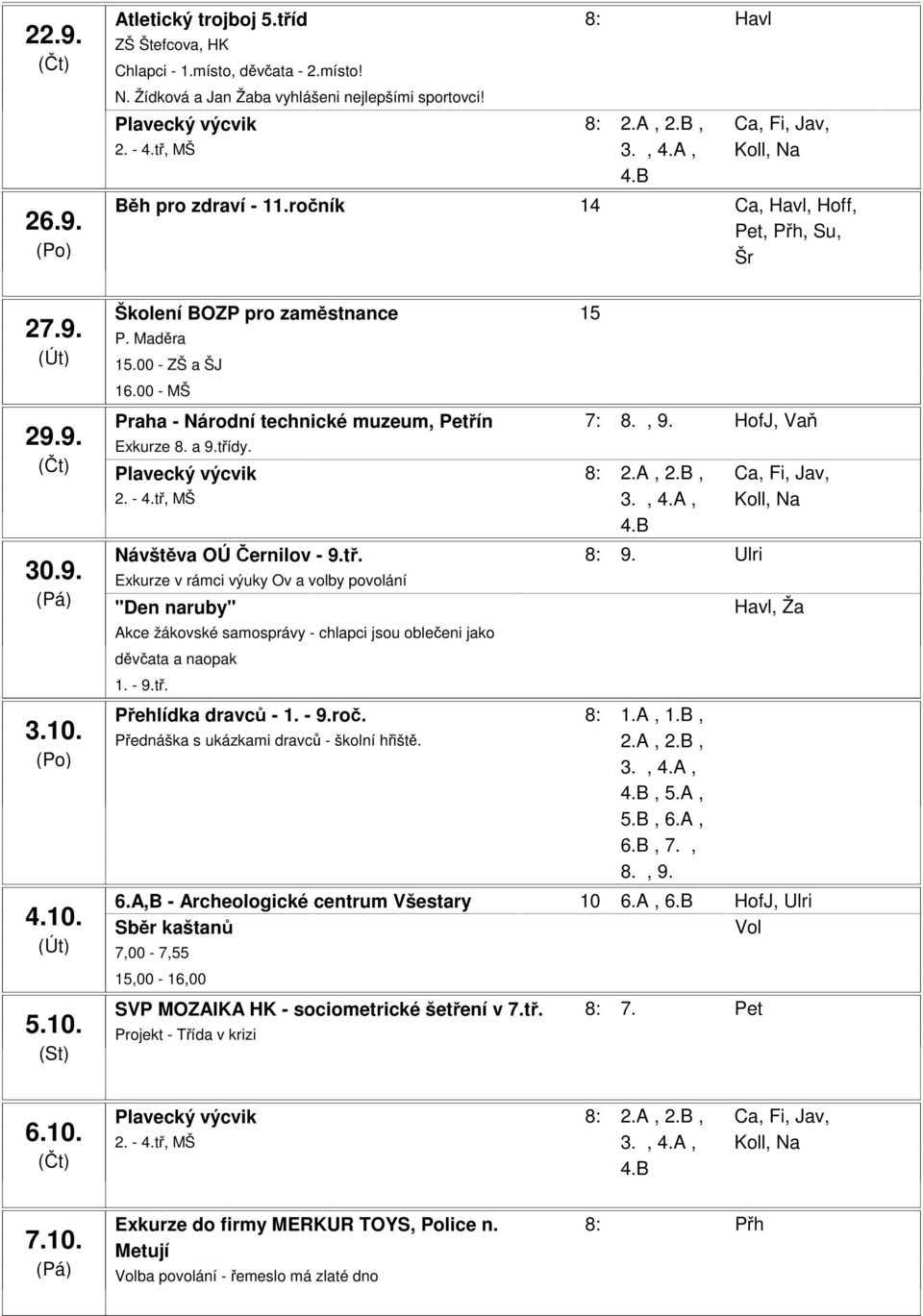 00 - MŠ Praha - Národní technické muzeum, Petřín 7:30-17:00 8., 9. HofJ, Vaň Exkurze 8. a 9.třídy. Návštěva OÚ Černilov - 9.tř. 8:55-10:45 9.