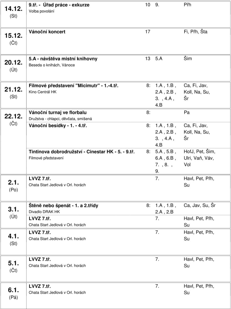 A, Šr Vánoční turnaj ve florbalu 8:00-11:30 Pa Družstva - chlapci, děvčata, smíšená Vánoční besídky - 1. - 4.tř. 8:00-11:40 1.A, 1.B, Ca, Fi, Jav, 2.A, 2.B, Koll, Na, Su, 3., 4.