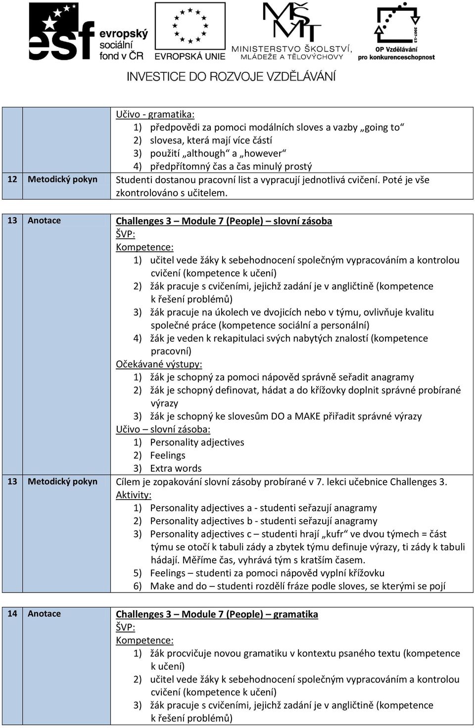 Poté je vše 13 Anotace Challenges 3 Module 7 (People) slovní zásoba 1) žák je schopný za pomoci nápověd správně seřadit anagramy 2) žák je schopný definovat, hádat a do křížovky doplnit správné