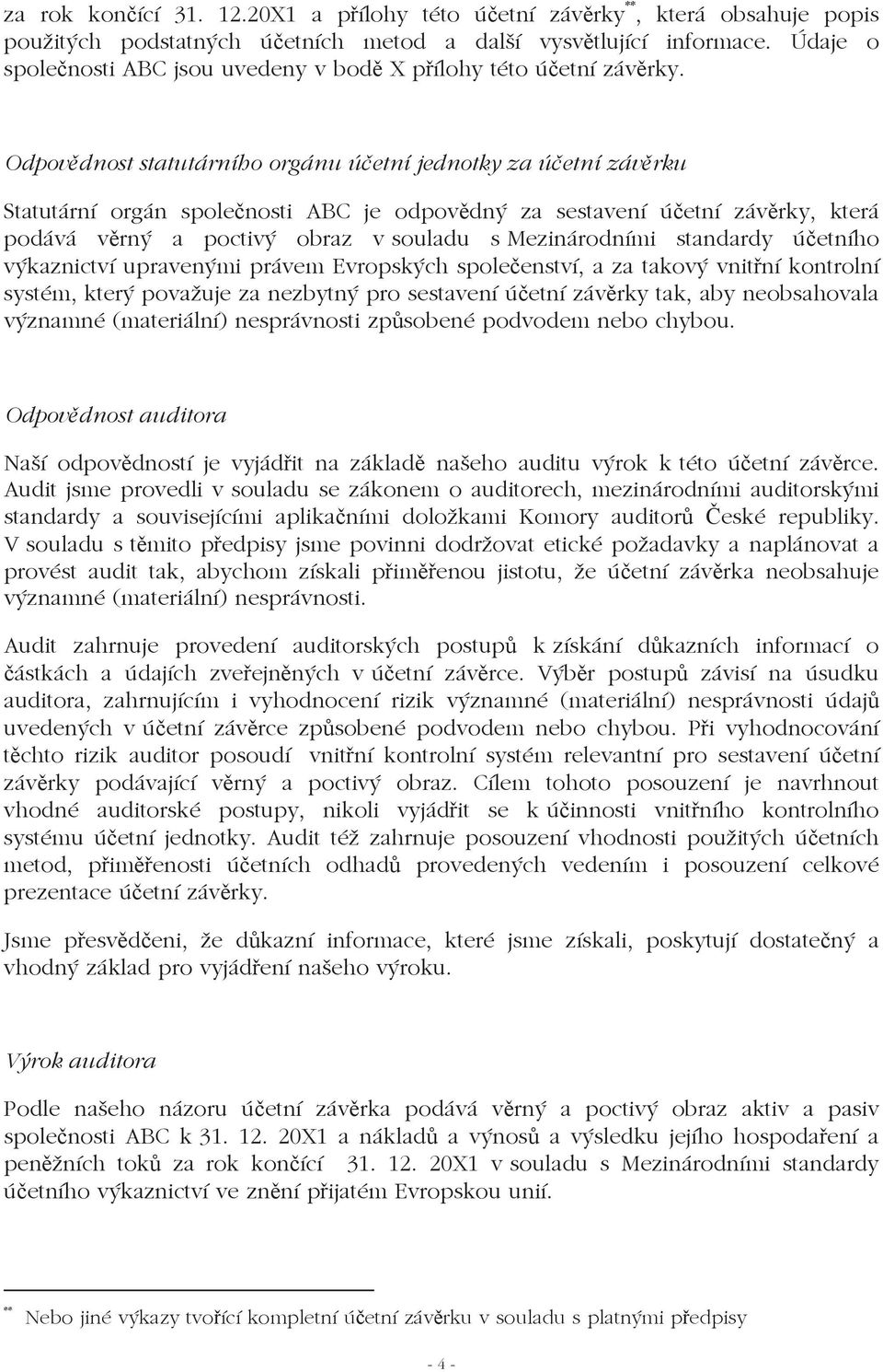 Odpovdnost statutárního orgánu úetní jednotky za úetní závrku Statutární orgán spolenosti ABC je odpovdný za sestavení úetní závrky, která podává vrný a poctivý obraz v souladu s Mezinárodními