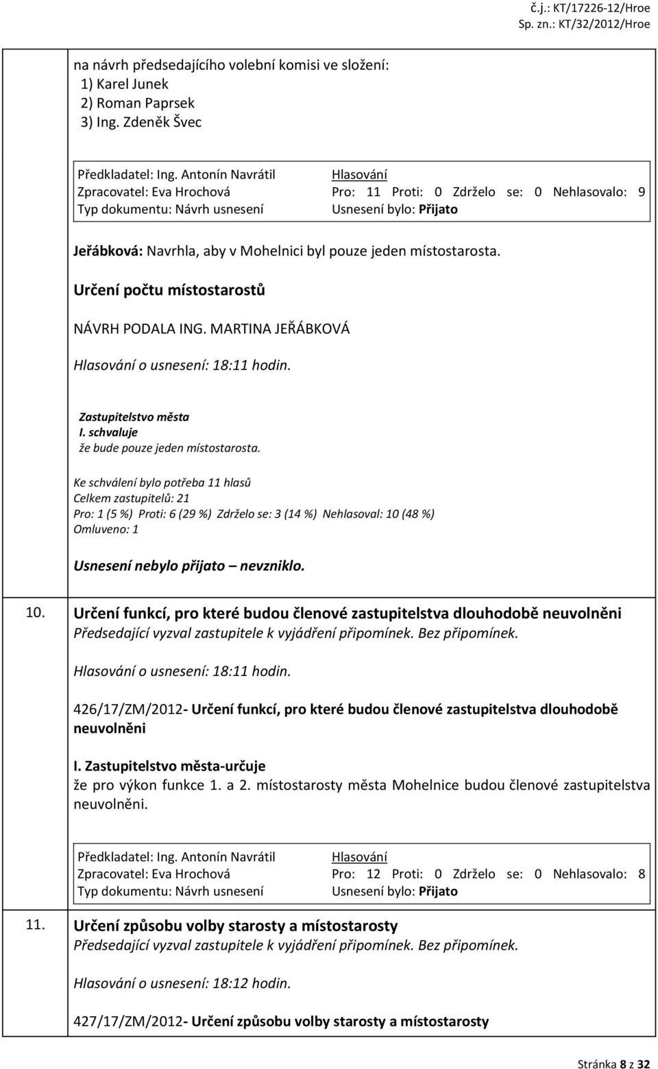 MARTINA JEŘÁBKOVÁ o usnesení: 18:11 hodin. Zastupitelstvo města I. schvaluje že bude pouze jeden místostarosta.