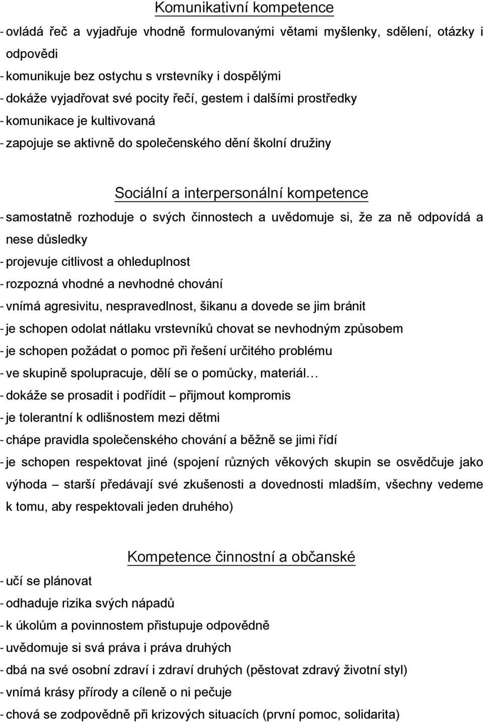 činnostech a uvědomuje si, že za ně odpovídá a nese důsledky - projevuje citlivost a ohleduplnost - rozpozná vhodné a nevhodné chování - vnímá agresivitu, nespravedlnost, šikanu a dovede se jim