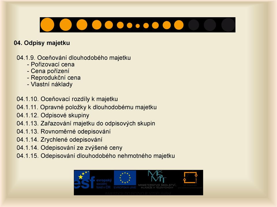 Oceňovací rozdíly k majetku 04.1.11. Opravné položky k dlouhodobému majetku 04.1.12. Odpisové skupiny 04.1.13.