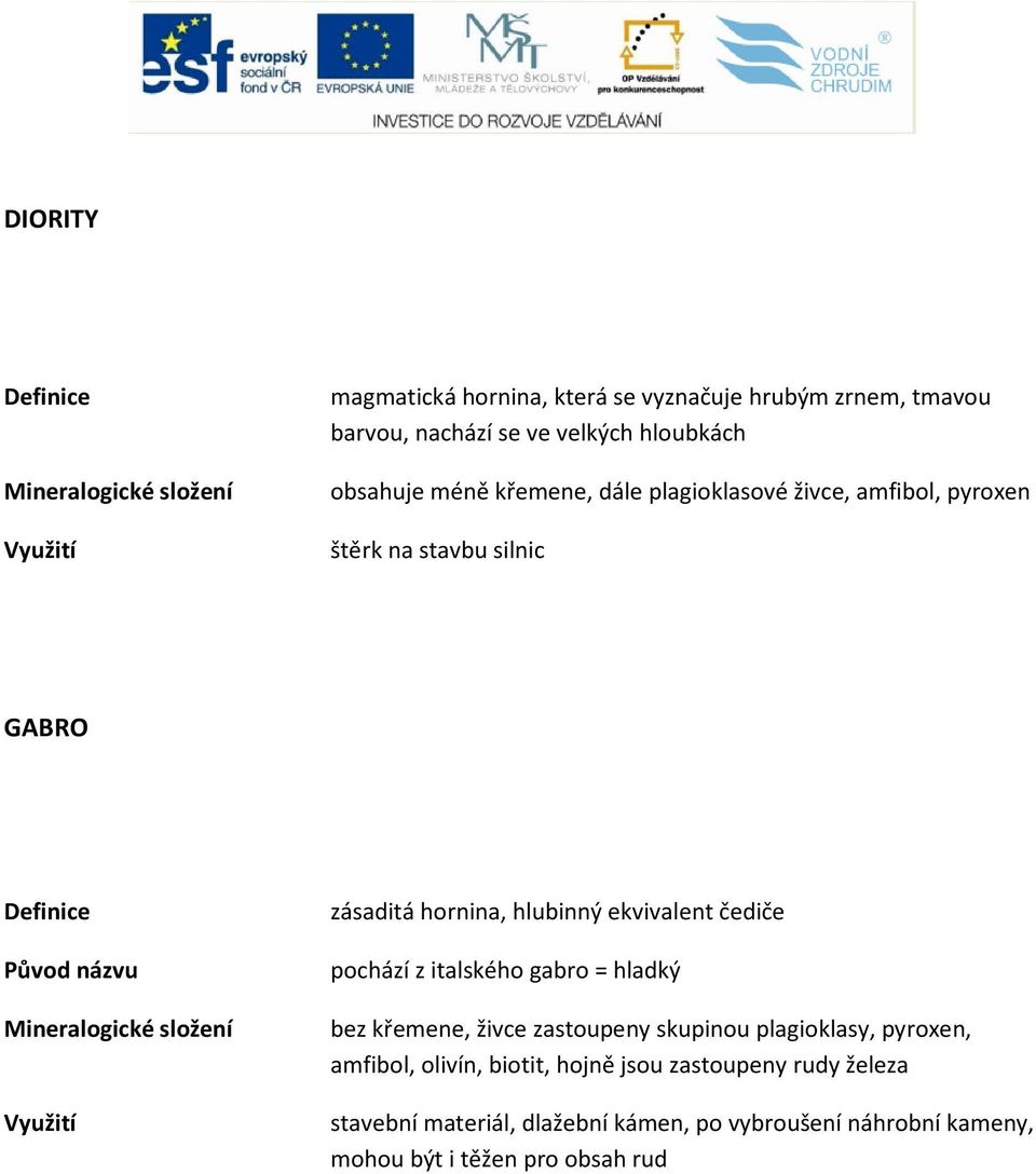 zásaditá hornina, hlubinný ekvivalent čediče pochází z italského gabro = hladký bez křemene, živce zastoupeny skupinou plagioklasy, pyroxen,