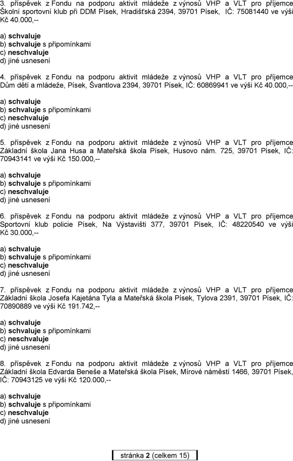 příspěvek z Fondu na podporu aktivit mládeže z výnosů VHP a VLT pro příjemce Základní škola Jana Husa a Mateřská škola Písek, Husovo nám. 725, 39701 Písek, IČ: 70943141 ve výši Kč 150.000,-- 6.