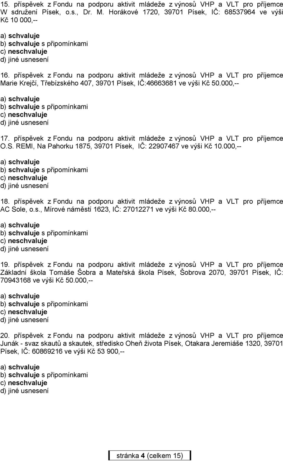 příspěvek z Fondu na podporu aktivit mládeže z výnosů VHP a VLT pro příjemce O.S. REMI, Na Pahorku 1875, 39701 Písek, IČ: 22907467 ve výši Kč 10.000,-- 18.