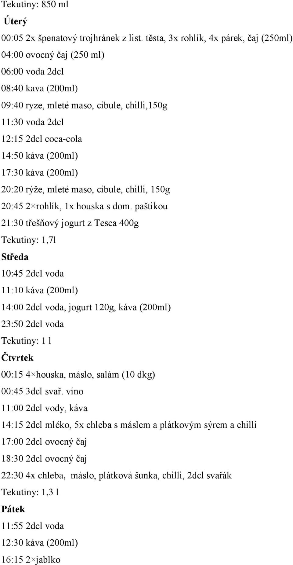 (200ml) 17:30 káva (200ml) 20:20 rýže, mleté maso, cibule, chilli, 150g 20:45 2 rohlík, 1x houska s dom.