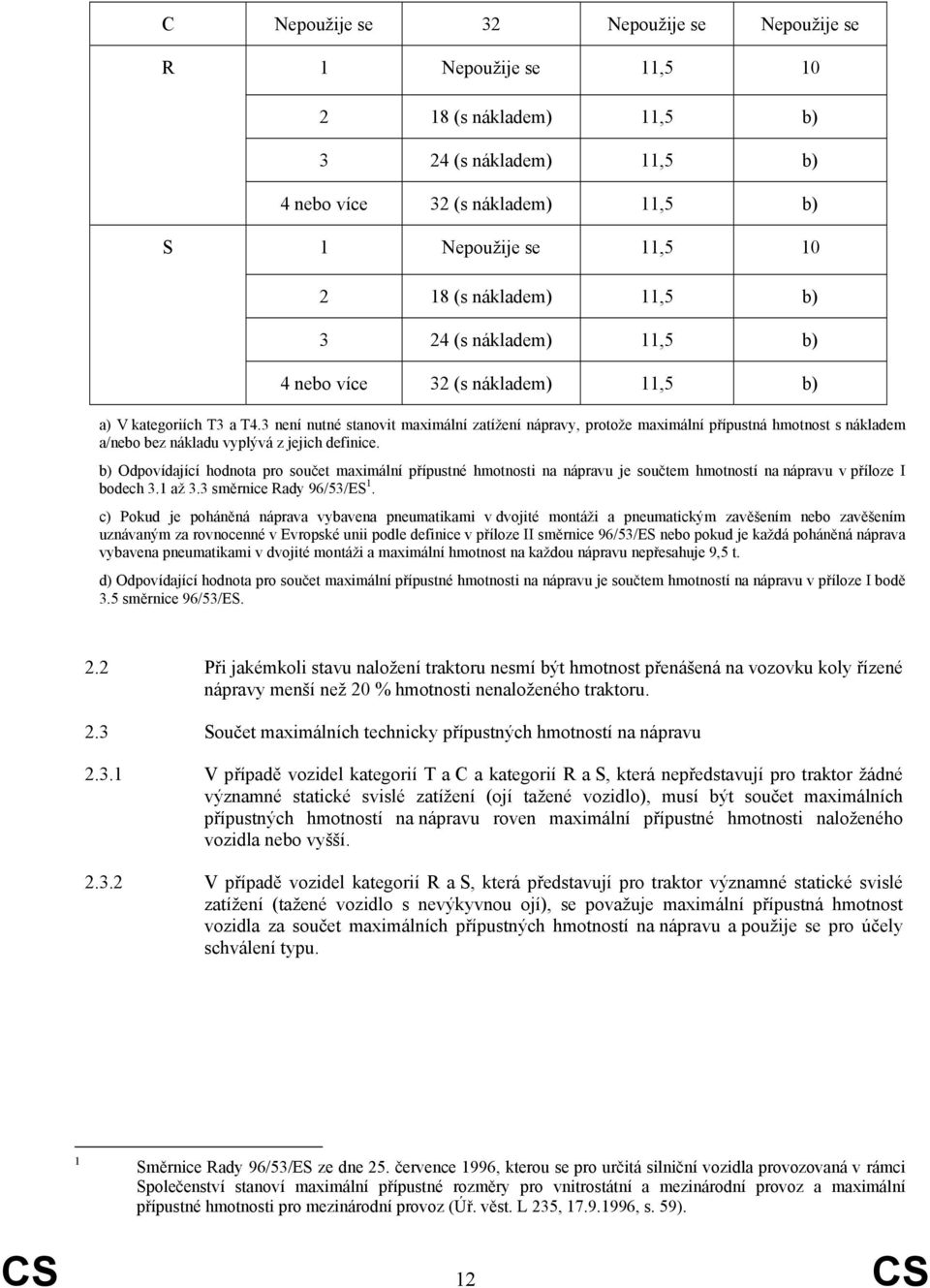 3 není nutné stanovit maximální zatížení nápravy, protože maximální přípustná hmotnost s nákladem a/nebo bez nákladu vyplývá z jejich definice.