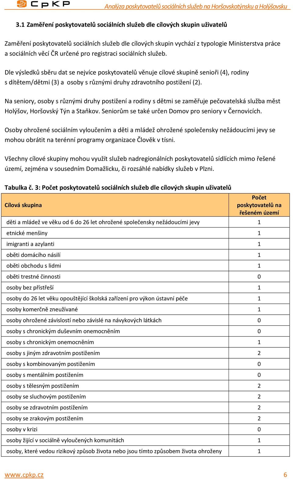 Dle výsledků sběru dat se nejvíce poskytovatelů věnuje cílové skupině senioři (4), rodiny s dítětem/dětmi (3) a osoby s různými druhy zdravotního postižení (2).