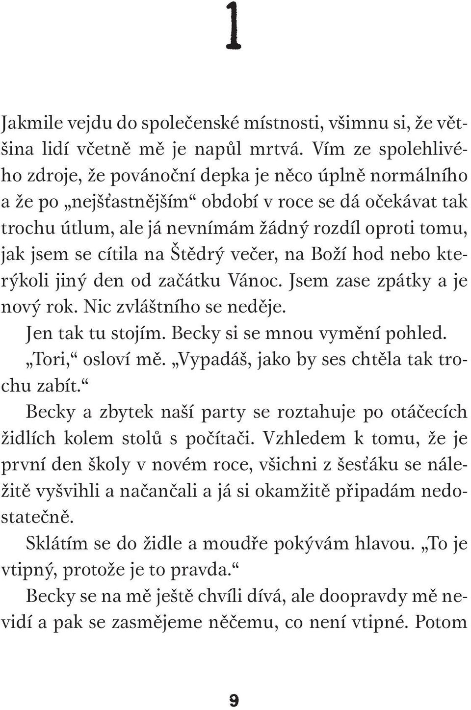 cítila na Štědrý večer, na Boží hod nebo kterýkoli jiný den od začátku Vánoc. Jsem zase zpátky a je nový rok. Nic zvláštního se neděje. Jen tak tu stojím. Becky si se mnou vymění pohled.