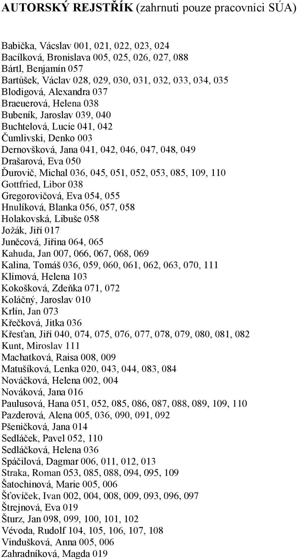 050 Ďurovič, Michal 036, 045, 051, 052, 053, 085, 109, 110 Gottfried, Libor 038 Gregorovičová, Eva 054, 055 Hnulíková, Blanka 056, 057, 058 Holakovská, Libuše 058 Joţák, Jiří 017 Juněcová, Jiřina