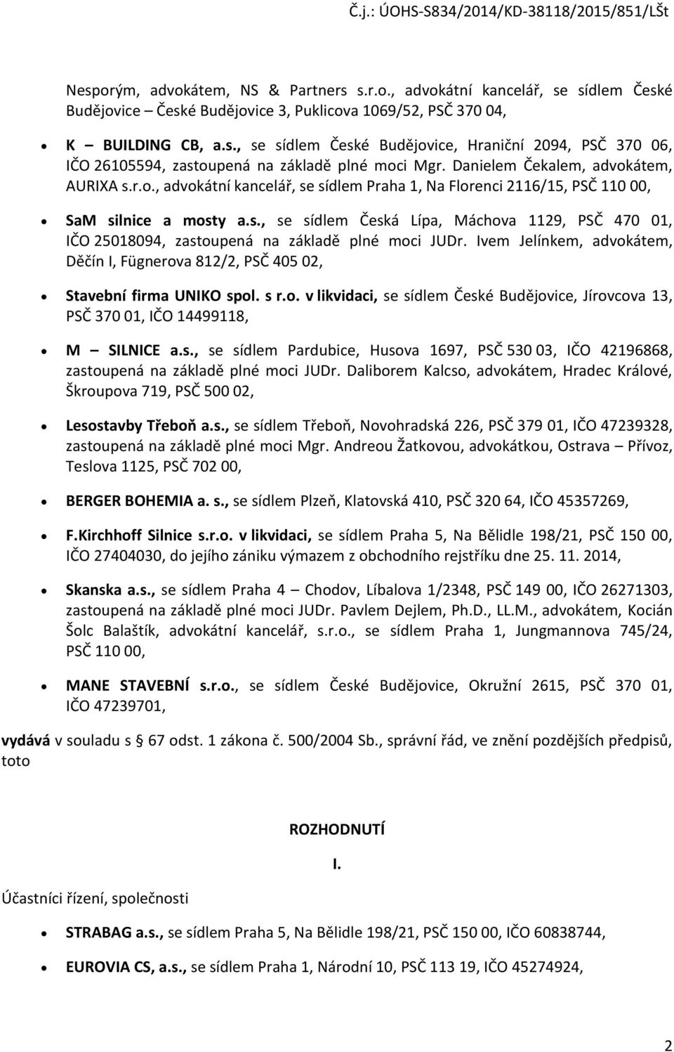 Ivem Jelínkem, advokátem, Děčín I, Fügnerova 812/2, PSČ 405 02, Stavební firma UNIKO spol. s r.o. v likvidaci, se sídlem České Budějovice, Jírovcova 13, PSČ 370 01, IČO 14499118, M SILNICE a.s., se sídlem Pardubice, Husova 1697, PSČ 530 03, IČO 42196868, zastoupená na základě plné moci JUDr.