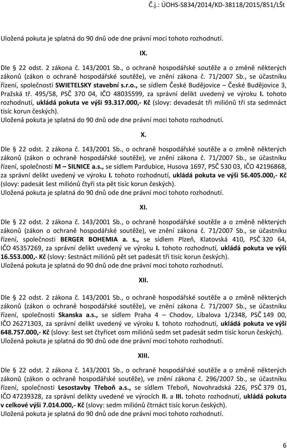 495/58, PSČ 370 04, IČO 48035599, za správní delikt uvedený ve výroku I. tohoto rozhodnutí, ukládá pokuta ve výši 93.317.000,- Kč (slovy: devadesát tři miliónů tři sta sedmnáct tisíc korun českých).