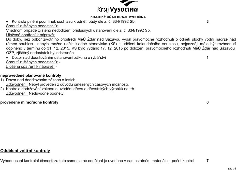 Do doby, než odbor životního prostředí MěÚ Žďár nad Sázavou vydal pravomocné rozhodnutí o odnětí plochy vodní nádrže nad rámec souhlasu, nebylo možno udělit kladné stanovisko (KS) k udělení