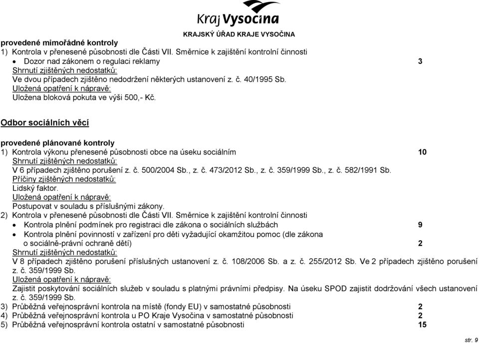 Odbor sociálních věcí 1) Kontrola výkonu přenesené působnosti obce na úseku sociálním 10 V 6 případech zjištěno porušení z. č. 500/2004 Sb., z. č. 473/2012 Sb., z. č. 359/1999 Sb., z. č. 582/1991 Sb.