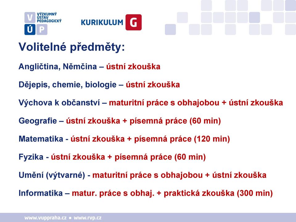 Matematika - ústní zkouška + písemná práce (120 min) Fyzika - ústní zkouška + písemná práce (60 min) Umění