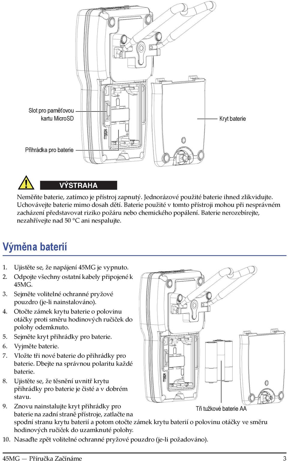 Ujistěte se, že napájení 45MG je vypnuto. 2. Odpojte všechny ostatní kabely připojené k 45MG. 3. Sejměte volitelné ochranné pryžové pouzdro (je-li nainstalováno). 4. Otočte zámek krytu baterie o polovinu otáčky proti směru hodinových ručiček do polohy odemknuto.