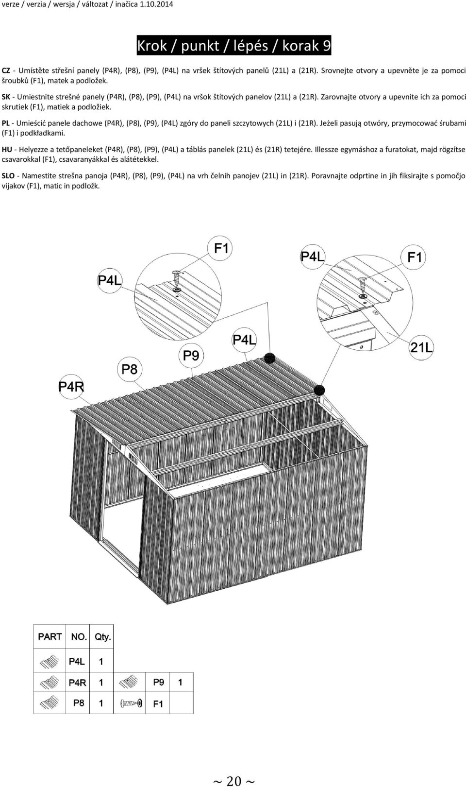 PL - Umieścić panele dachowe (P4R), (P8), (P9), (P4L) zgóry do paneli szczytowych (21L) i (21R). Jeżeli pasują otwóry, przymocować śrubami (F1) i podkładkami.