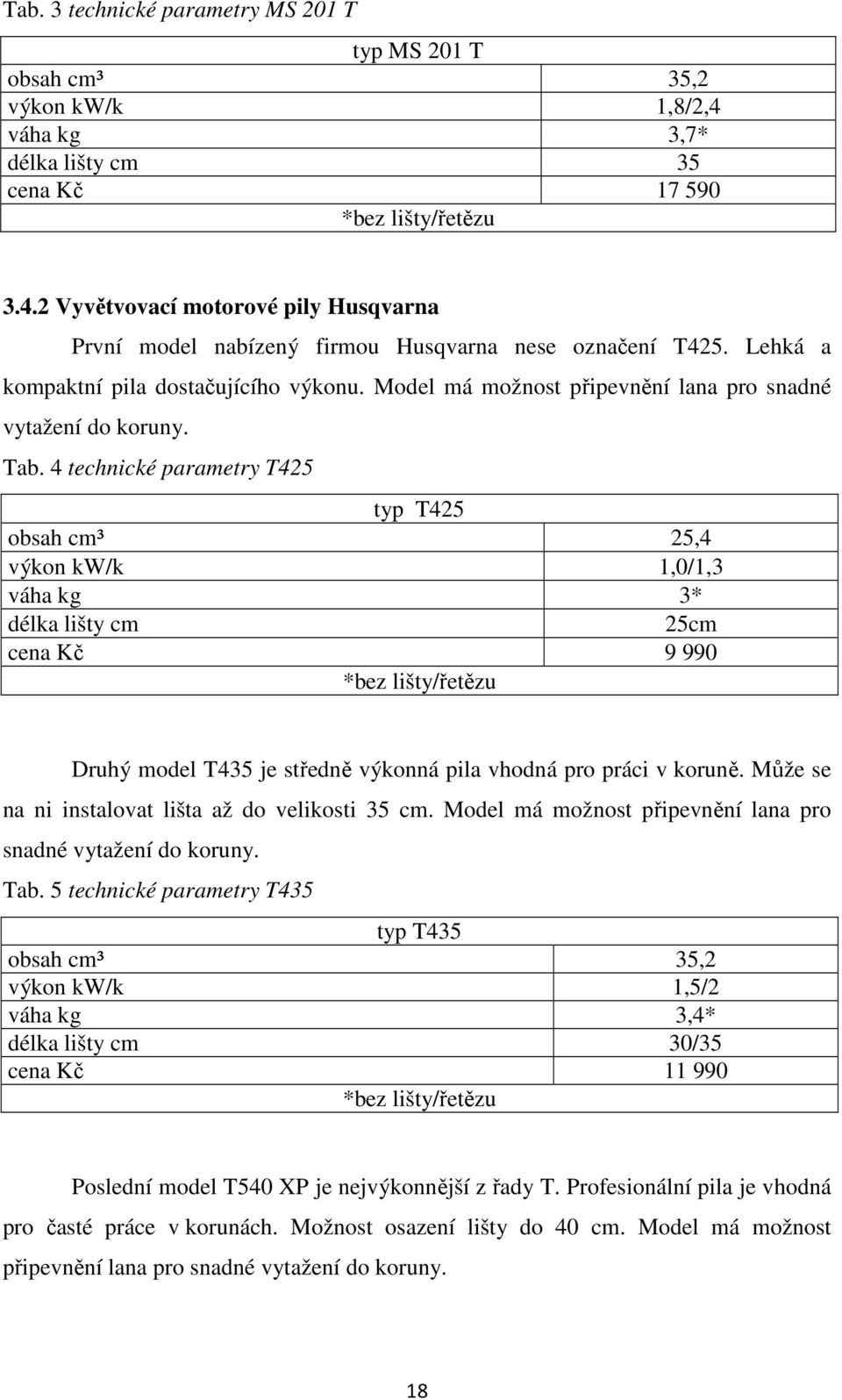 4 technické parametry T425 typ T425 obsah cm³ 25,4 výkon kw/k 1,0/1,3 váha kg 3* délka lišty cm 25cm cena Kč 9 990 *bez lišty/řetězu Druhý model T435 je středně výkonná pila vhodná pro práci v koruně.