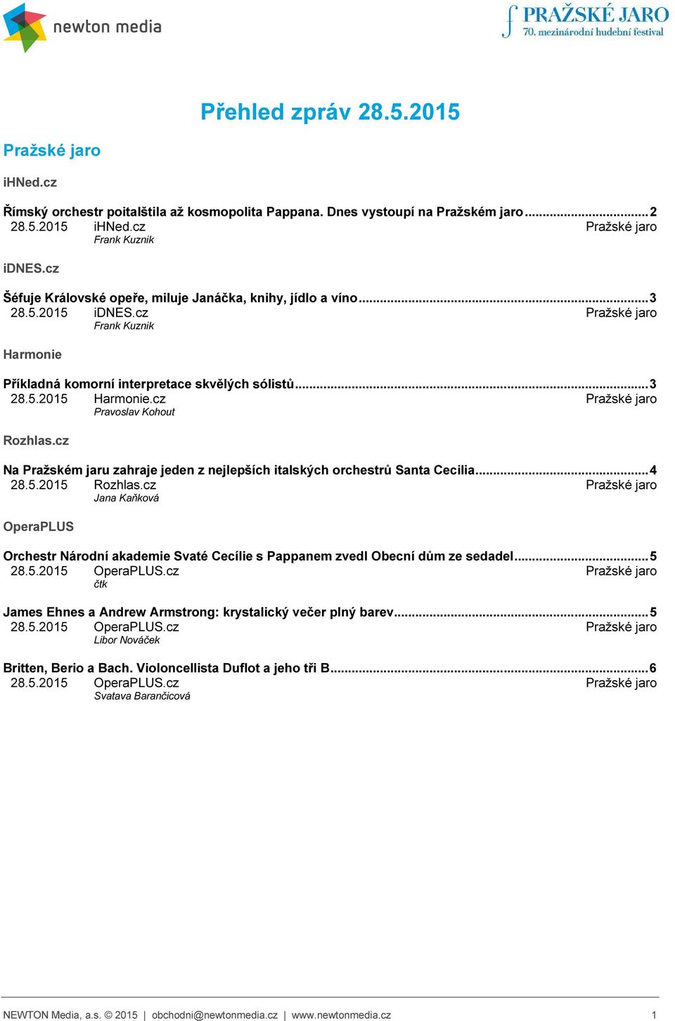 cz Pražské jaro Pravoslav Kohout Rozhlas.cz Na Pražském jaru zahraje jeden z nejlepších italských orchestrů Santa Cecilia...4 28.5.2015 Rozhlas.