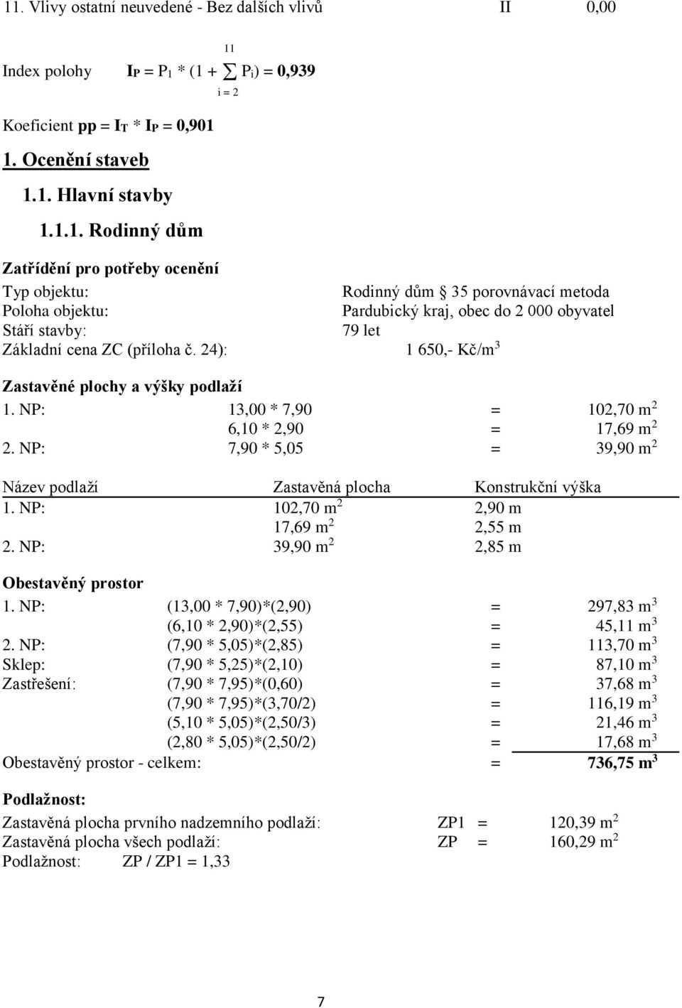 24): 1 650,- Kč/m 3 Zastavěné plochy a výšky podlaží 1. NP: 13,00 * 7,90 = 102,70 m 2 6,10 * 2,90 = 17,69 m 2 2. NP: 7,90 * 5,05 = 39,90 m 2 Název podlaží Zastavěná plocha Konstrukční výška 1.