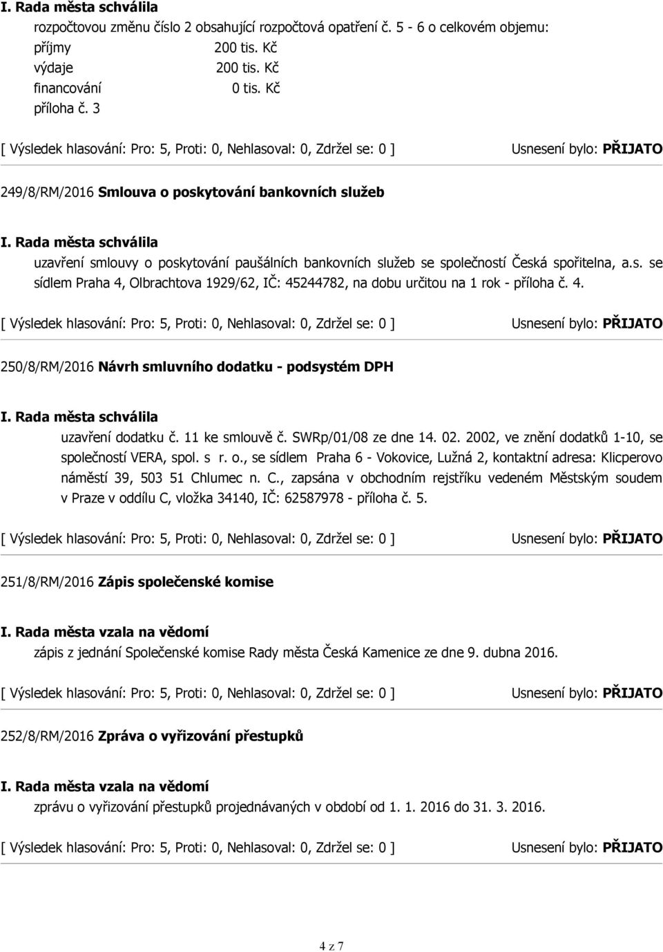 4. 250/8/RM/2016 Návrh smluvního dodatku - podsystém DPH uzavření dodatku č. 11 ke smlouvě č. SWRp/01/08 ze dne 14. 02. 2002, ve znění dodatků 1-10, se společností VERA, spol. s r. o.