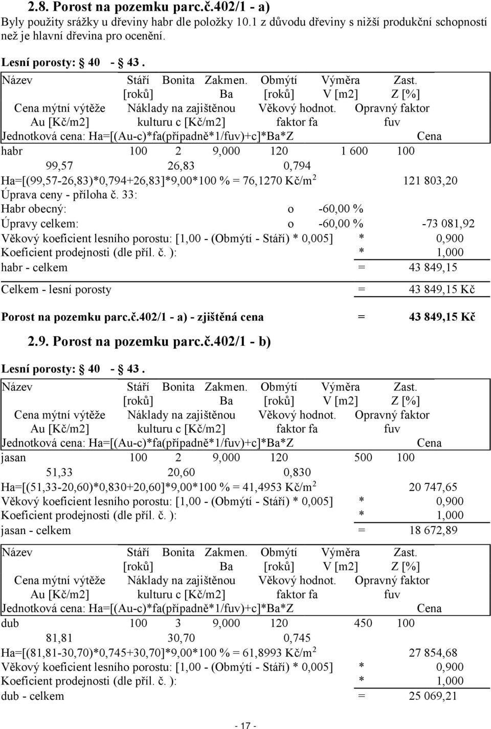 33: Habr obecný: o -60,00 % Úpravy celkem: o -60,00 % -73 081,92 Věkový koeficient lesního porostu: [1,00 - ( - ) * 0,005] * 0,900 Koeficient prodejnosti (dle příl. č.