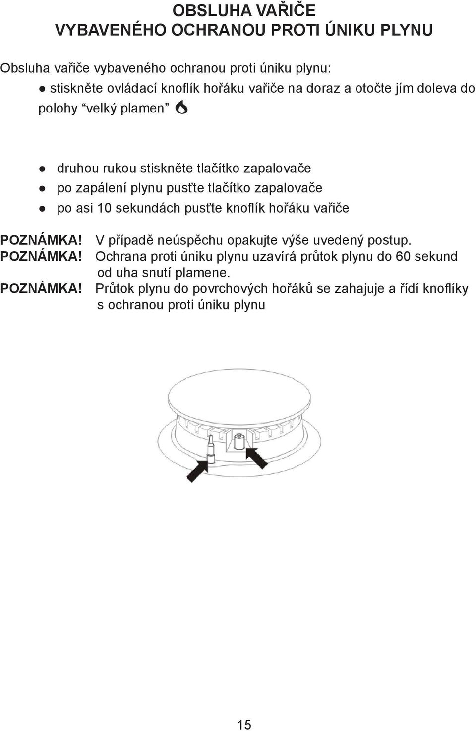 10 sekundách pus te knoflík hoøáku vaøièe POZNÁMKA! V pøípadì neúspìchu opakujte vý e uvedený postup. POZNÁMKA! Ochrana proti úniku plynu uzavírá prùtok plynu do 60 sekund od uha snutí plamene.