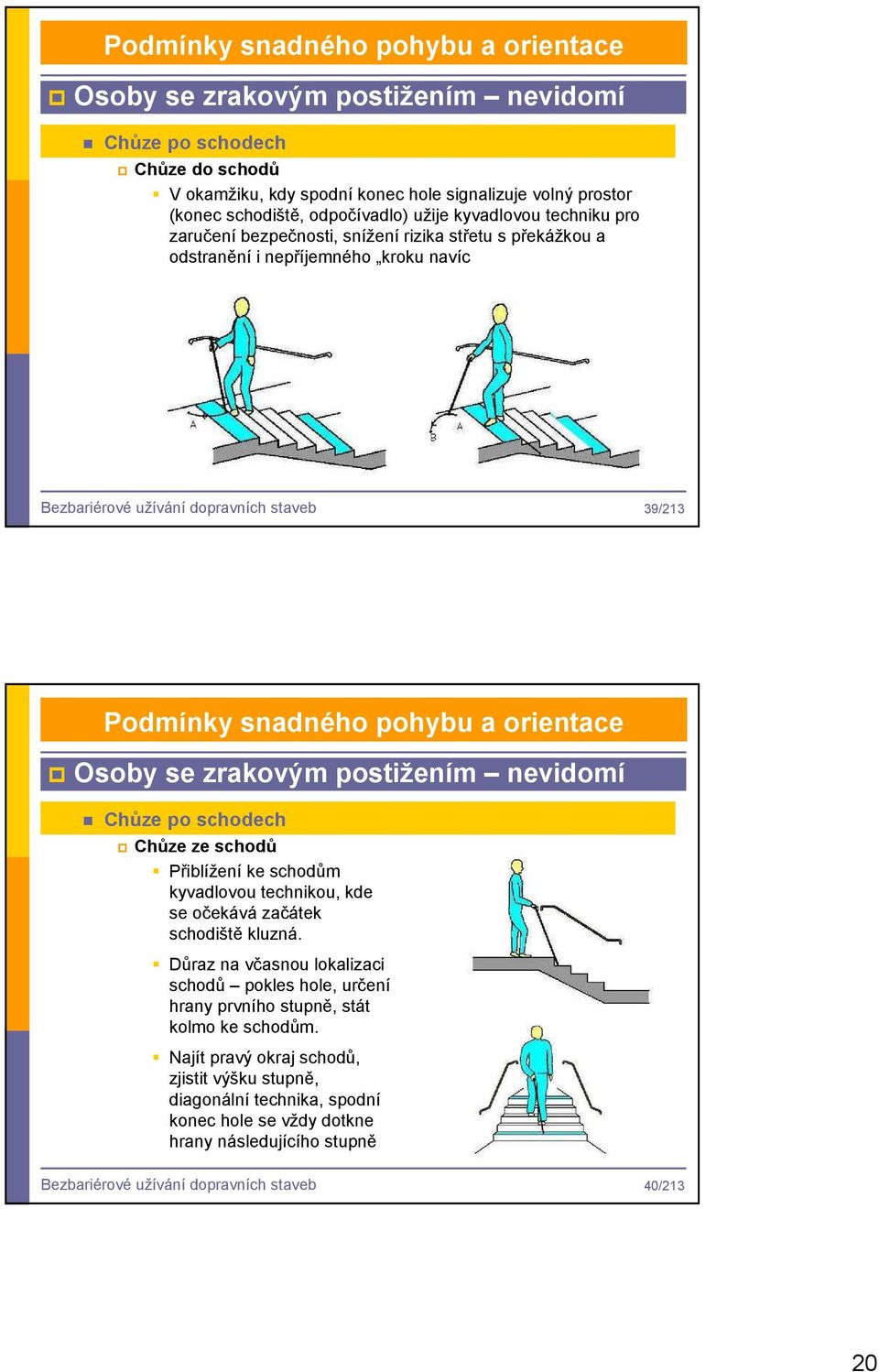 orientace Osoby se zrakovým postižením nevidomí Chůze po schodech Chůze ze schodů Přiblížení ke schodům kyvadlovou technikou, kde se očekává začátek schodiště kluzná.