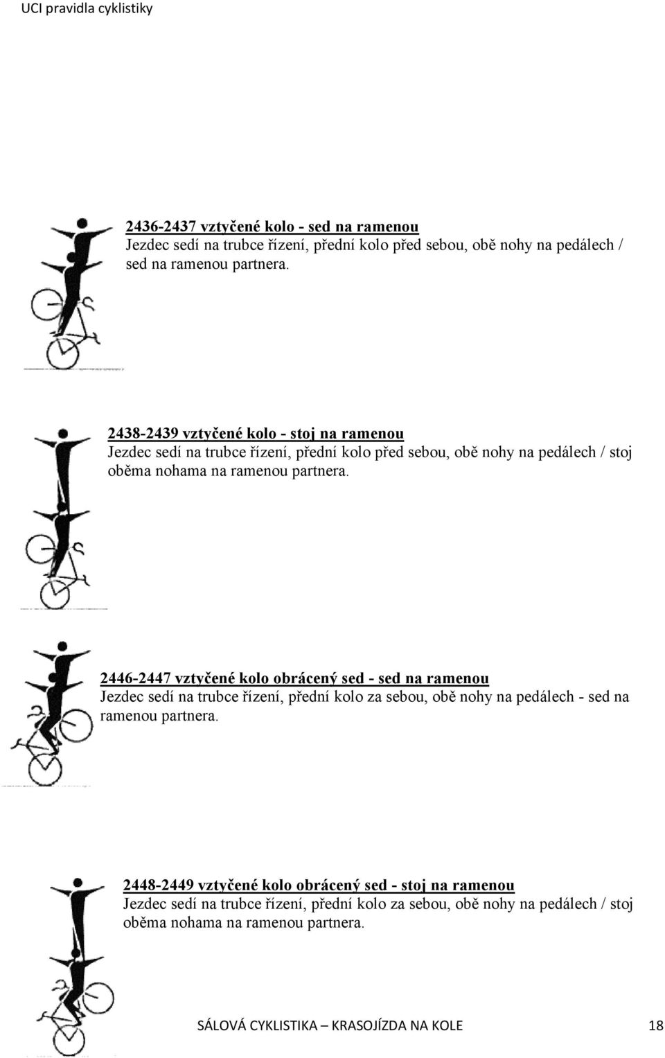 2446-2447 vztyčené kolo obrácený sed - sed na ramenou Jezdec sedí na trubce řízení, přední kolo za sebou, obě nohy na pedálech - sed na ramenou partnera.