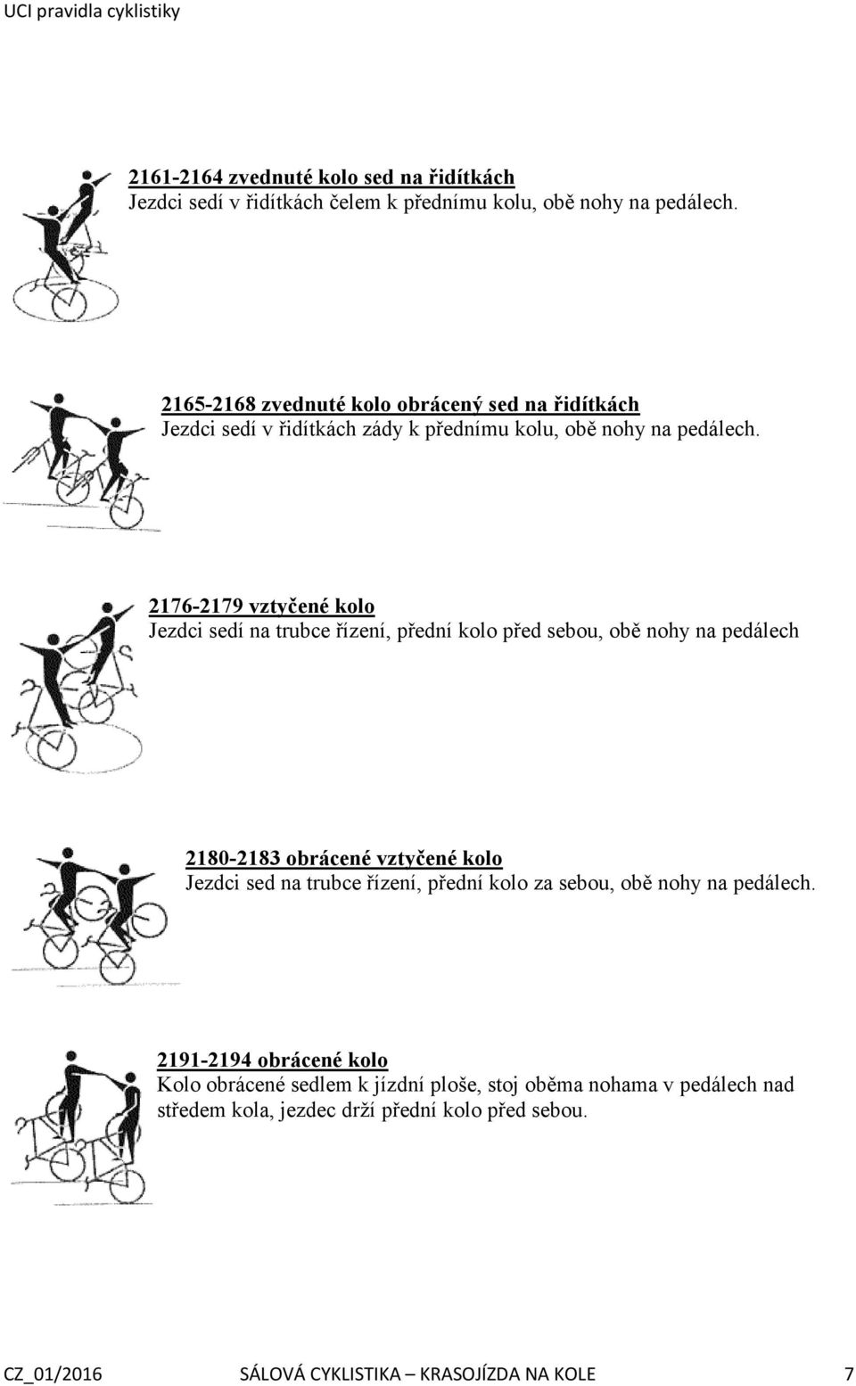 2176-2179 vztyčené kolo Jezdci sedí na trubce řízení, přední kolo před sebou, obě nohy na pedálech 2180-2183 obrácené vztyčené kolo Jezdci sed na trubce