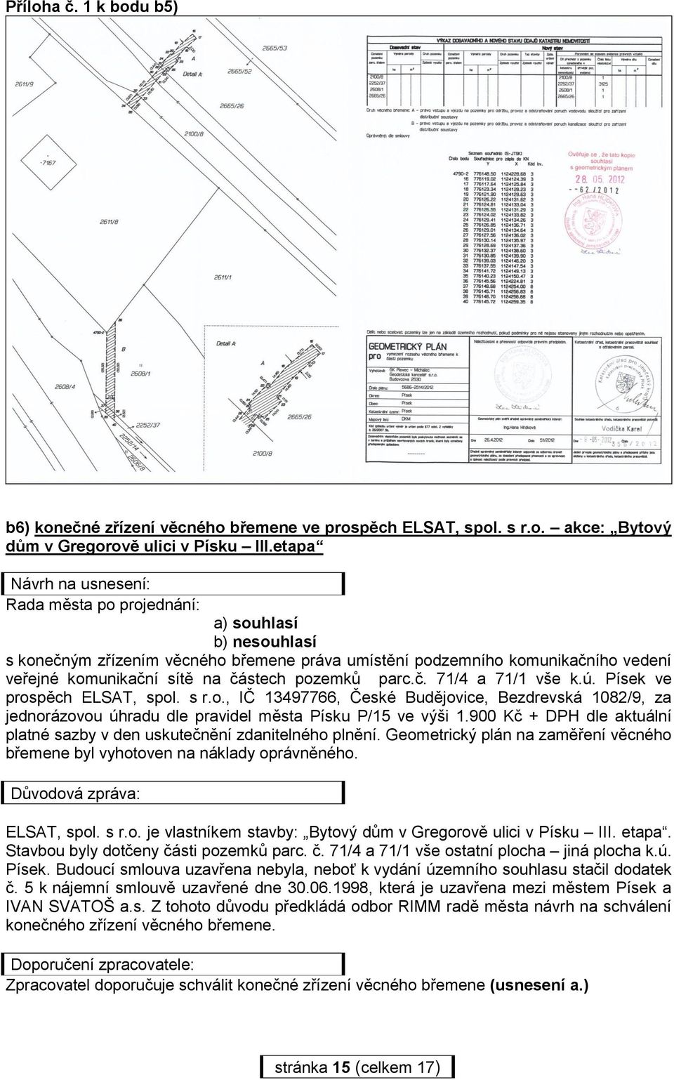 ú. Písek ve prospěch ELSAT, spol. s r.o., IČ 13497766, České Budějovice, Bezdrevská 1082/9, za jednorázovou úhradu dle pravidel města Písku P/15 ve výši 1.