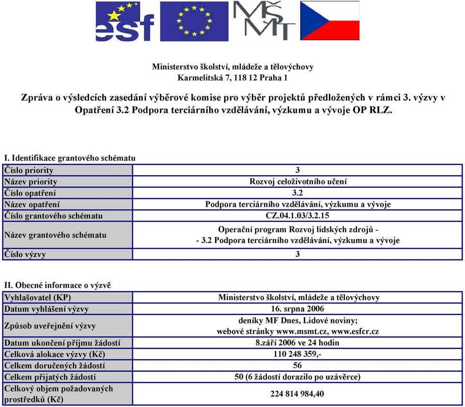 2 Název opatření Podpora terciárního vzdělávání, výzkumu a vývoje Číslo grantového schématu CZ.04.1.03/3.2.15 Název grantového schématu Číslo výzvy Operační program Rozvoj lidských zdrojů - - 3.