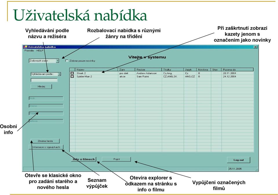 novinky Osobní info Otevře se klasické okno pro zadání starého a nového hesla