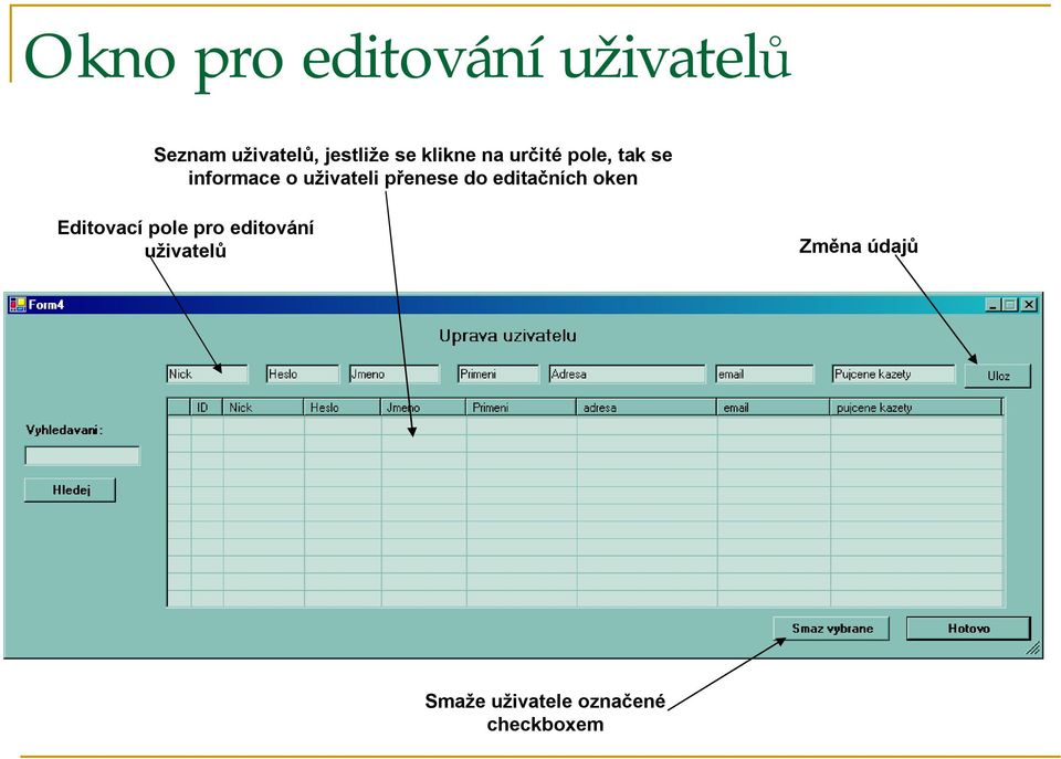 přenese do editačních oken Editovací pole pro editování