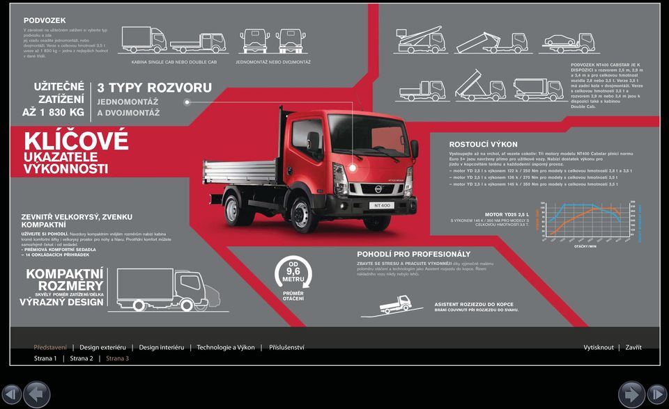 UŽITEČNÉ ZATÍŽENÍ AŽ 1 830 KG 3 TYPY ROZVORU JEDNOMONTÁŽ A DVOJMONTÁŽ KABINA SINGLE CAB NEBO DOUBLE CAB JEDNOMONTÁŽ NEBO DVOJMONTÁŽ PODVOZEK NT400 CABSTAR JE K DISPOZICI s rozvorem 2,5 m, 2,9 m a 3,4