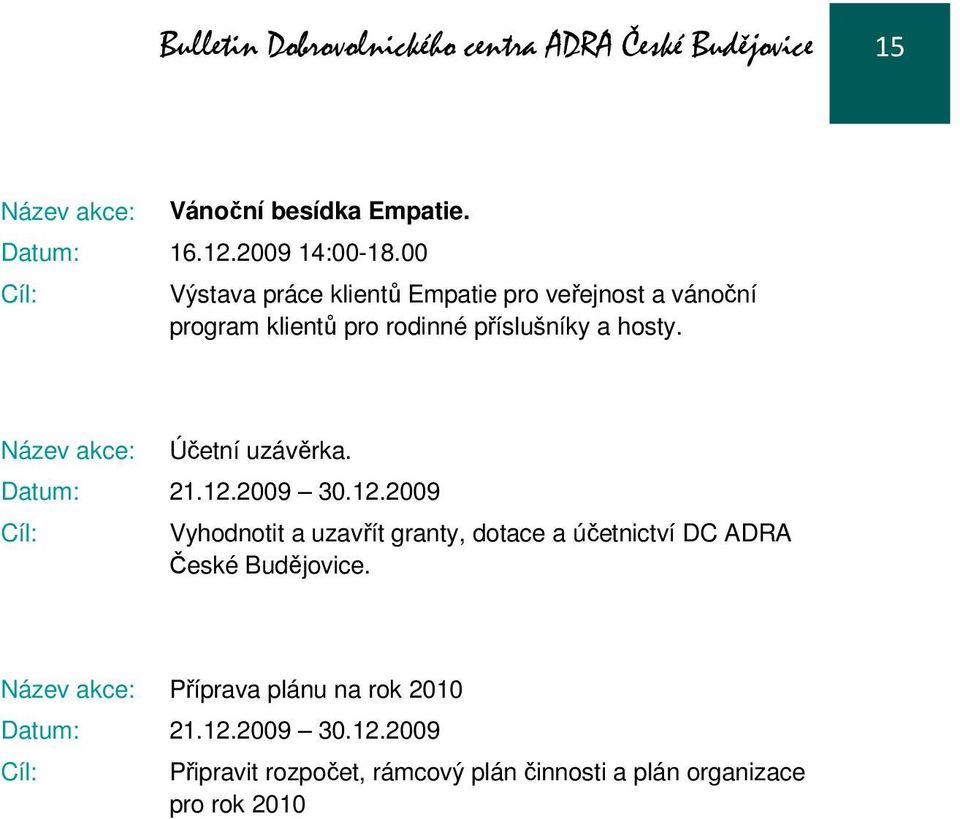 Účetní uzávěrka. Datum: 21.12.2009 30.12.2009 Vyhodnotit a uzavřít granty, dotace a účetnictví DC ADRA České Budějovice.