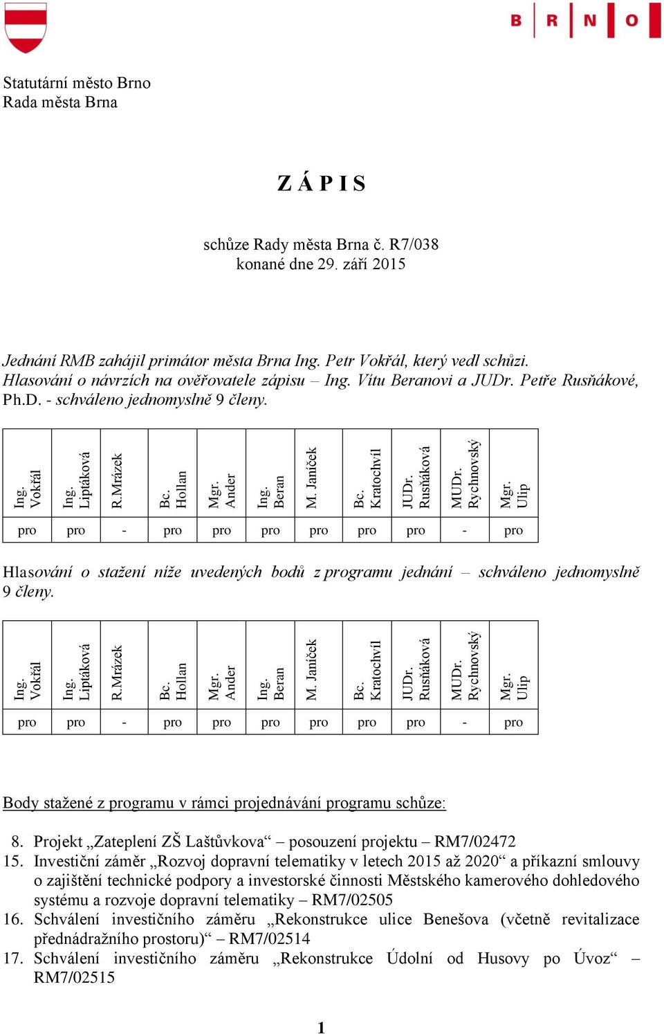 Body stažené z programu v rámci projednávání programu schůze: 8. Projekt Zateplení ZŠ Laštůvkova posouzení projektu RM7/02472 15.