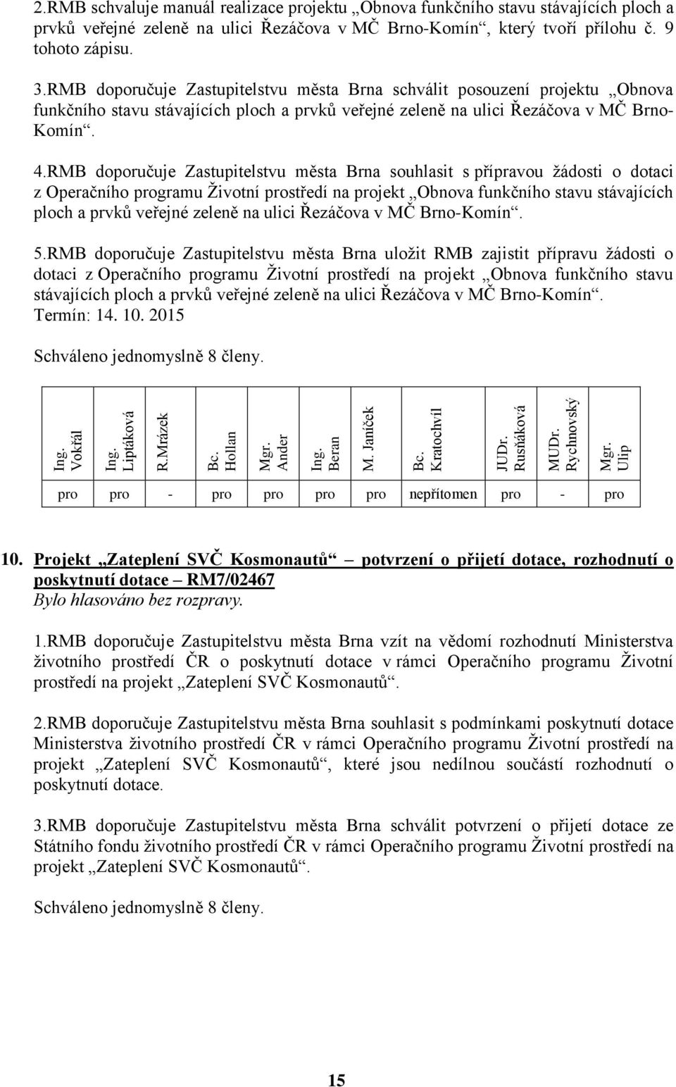 RMB doporučuje Zastupitelstvu města Brna souhlasit s přípravou žádosti o dotaci z Operačního programu Životní prostředí na projekt Obnova funkčního stavu stávajících ploch a prvků veřejné zeleně na