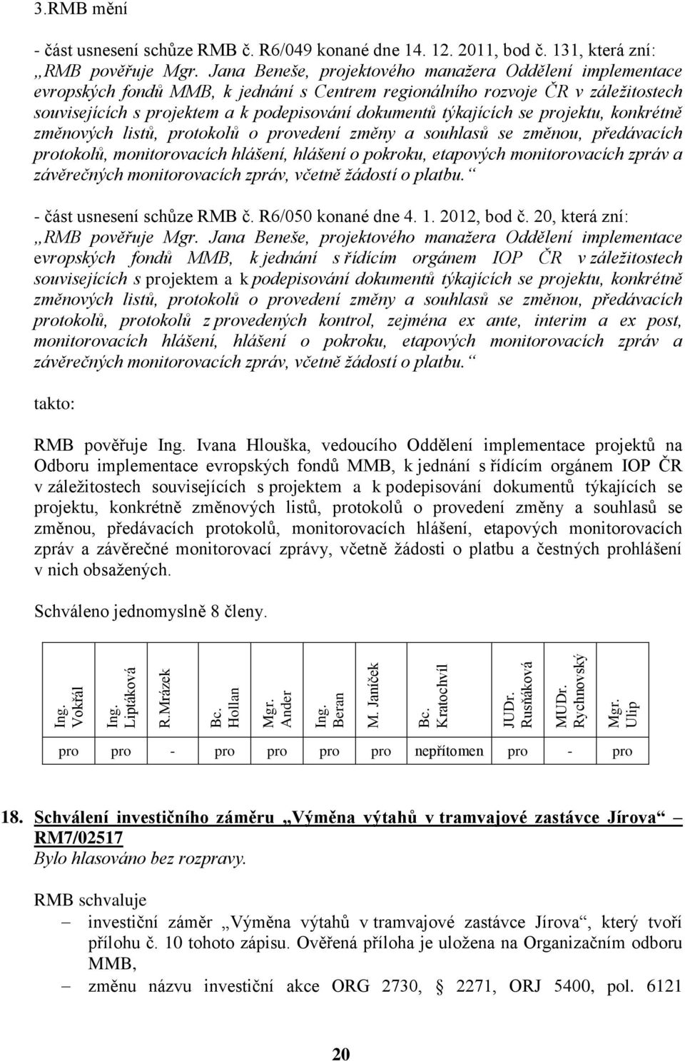 podepisování dokumentů týkajících se projektu, konkrétně změnových listů, protokolů o provedení změny a souhlasů se změnou, předávacích protokolů, monitorovacích hlášení, hlášení o pokroku, etapových