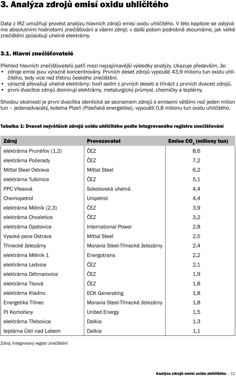 Hlavní znečišťovatelé Přehled hlavních znečišťovatelů patří mezi nejzajímavější výsledky analýzy. Ukazuje především, že: zdroje emisí jsou výrazně koncentrovány.
