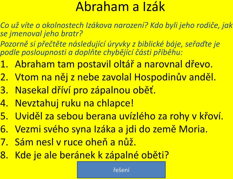 Abraham tam postavil oltář a narovnal dřevo. 2. Vtom na něj z nebe zavolal Hospodinův anděl. 3. Nasekal dříví pro zápalnou oběť. 4.