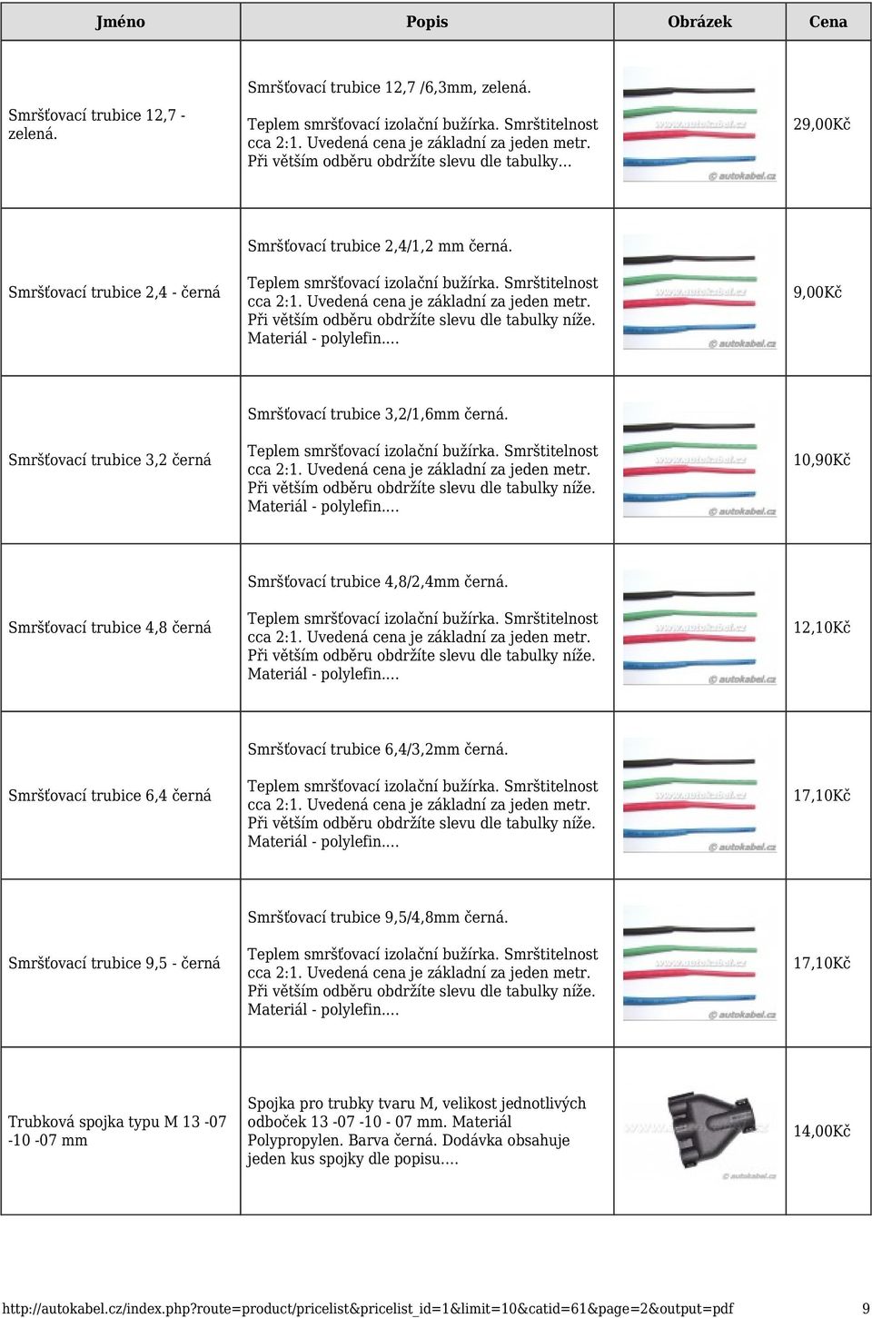 Materiál - polylefin. 12,10Kč Smršťovací trubice 6,4 černá Smršťovací trubice 6,4/3,2mm černá. Materiál - polylefin. 17,10Kč Smršťovací trubice 9,5 - černá Smršťovací trubice 9,5/4,8mm černá.