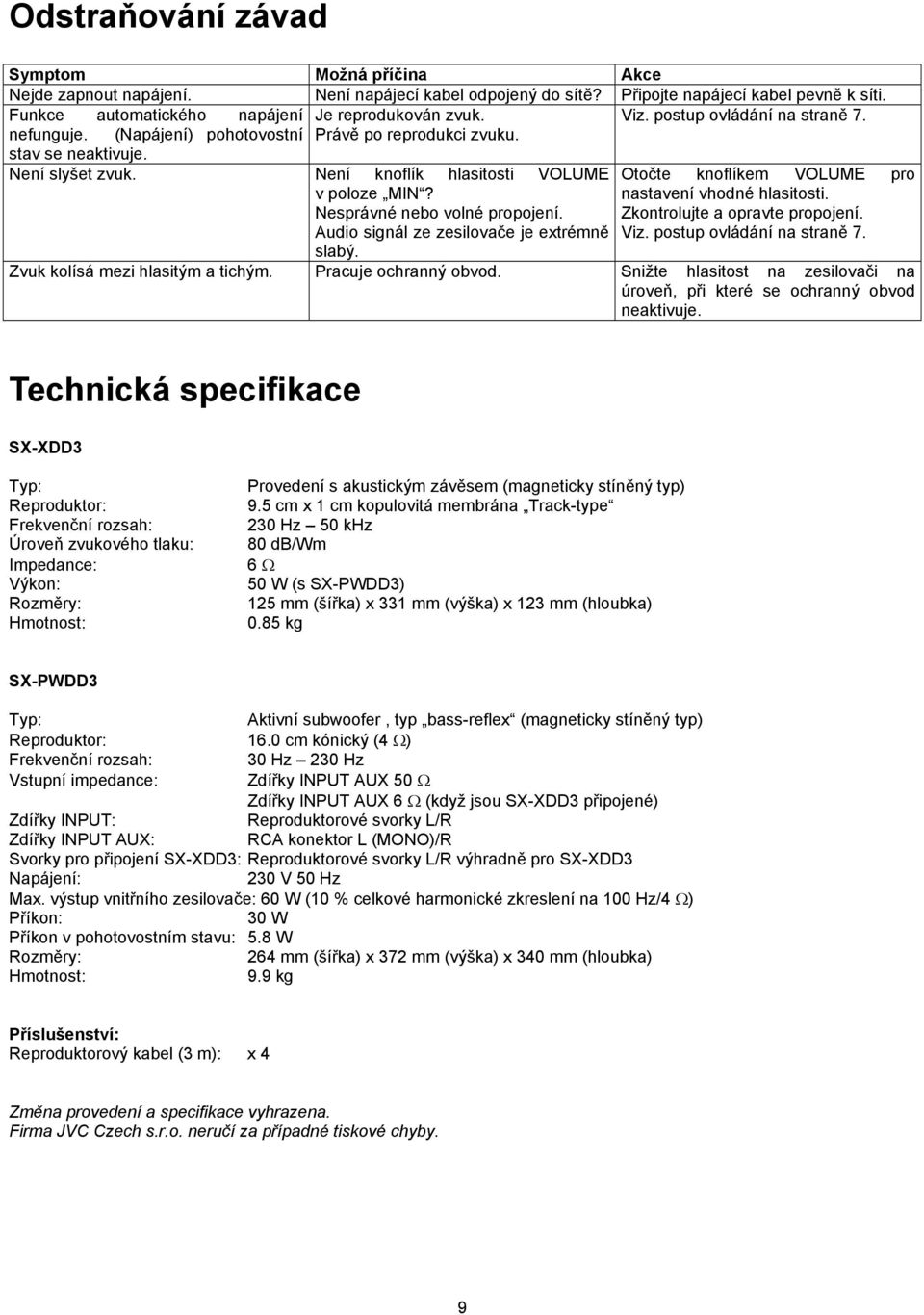 Není knoflík hlasitosti VOLUME Otočte knoflíkem VOLUME pro v poloze MIN? Nesprávné nebo volné propojení. nastavení vhodné hlasitosti. Zkontrolujte a opravte propojení.