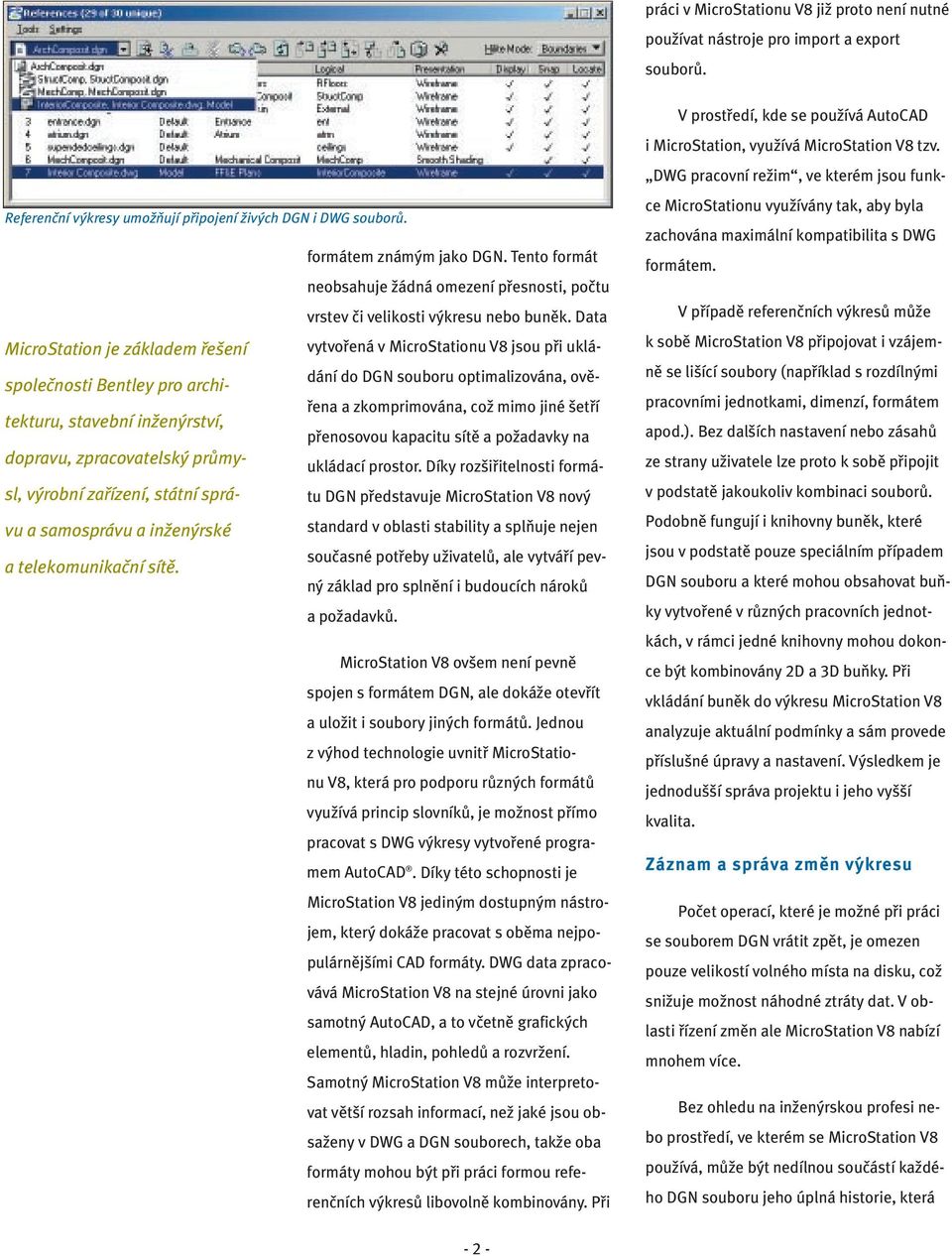 Data MicroStation je základem řešení vytvořená v MicroStationu V8 jsou při ukládání do DGN souboru optimalizována, ověřena a zkomprimována, což mimo jiné šetří společnosti Bentley pro architekturu,