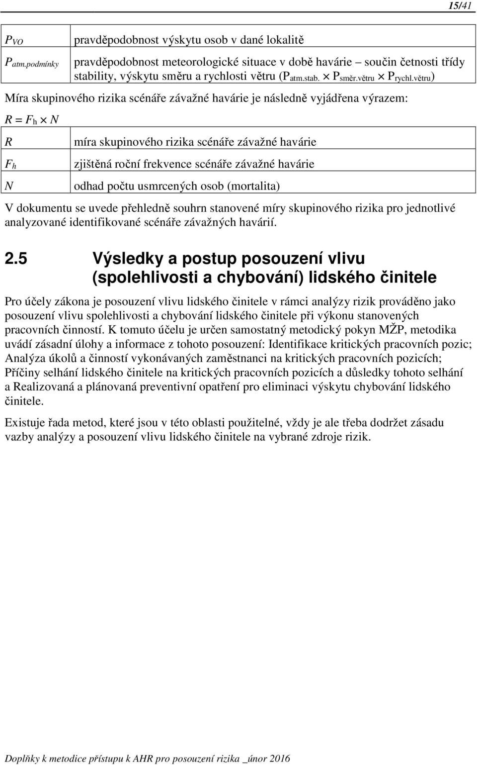 větru) Míra skupinového rizika scénáře závažné havárie je následně vyjádřena výrazem: R = Fh N R Fh N míra skupinového rizika scénáře závažné havárie zjištěná roční frekvence scénáře závažné havárie