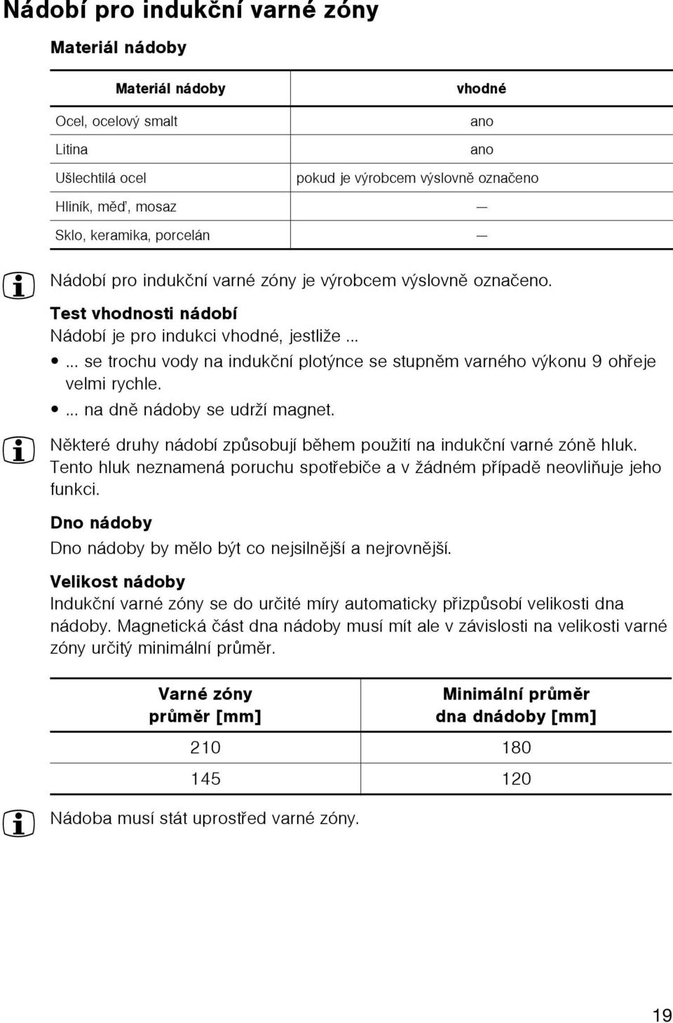 ..... se trochu vody na indukèní plotýnce se stupnìm varného výkonu 9 ohøeje velmi rychle.... na dnì nádoby se udrží magnet. 3 Nìkteré druhy nádobí zpùsobují bìhem použití na indukèní varné zónì hluk.