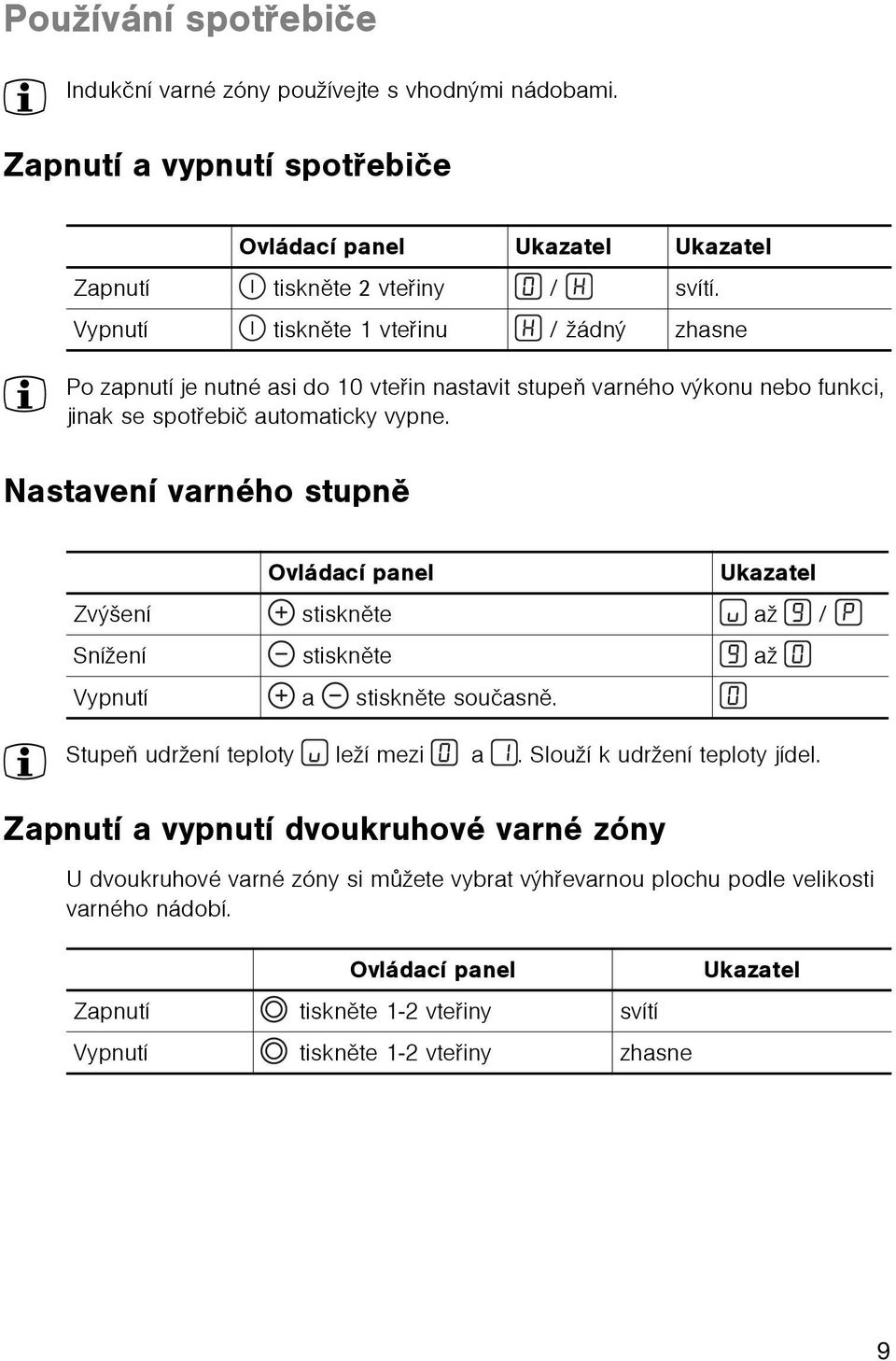 Nastavení varného stupnì Ovládací panel Ukazatel Zvýšení stisknìte až / Snížení stisknìte až Vypnutí a stisknìte souèasnì. 3 Stupeò udržení teploty leží mezi a.