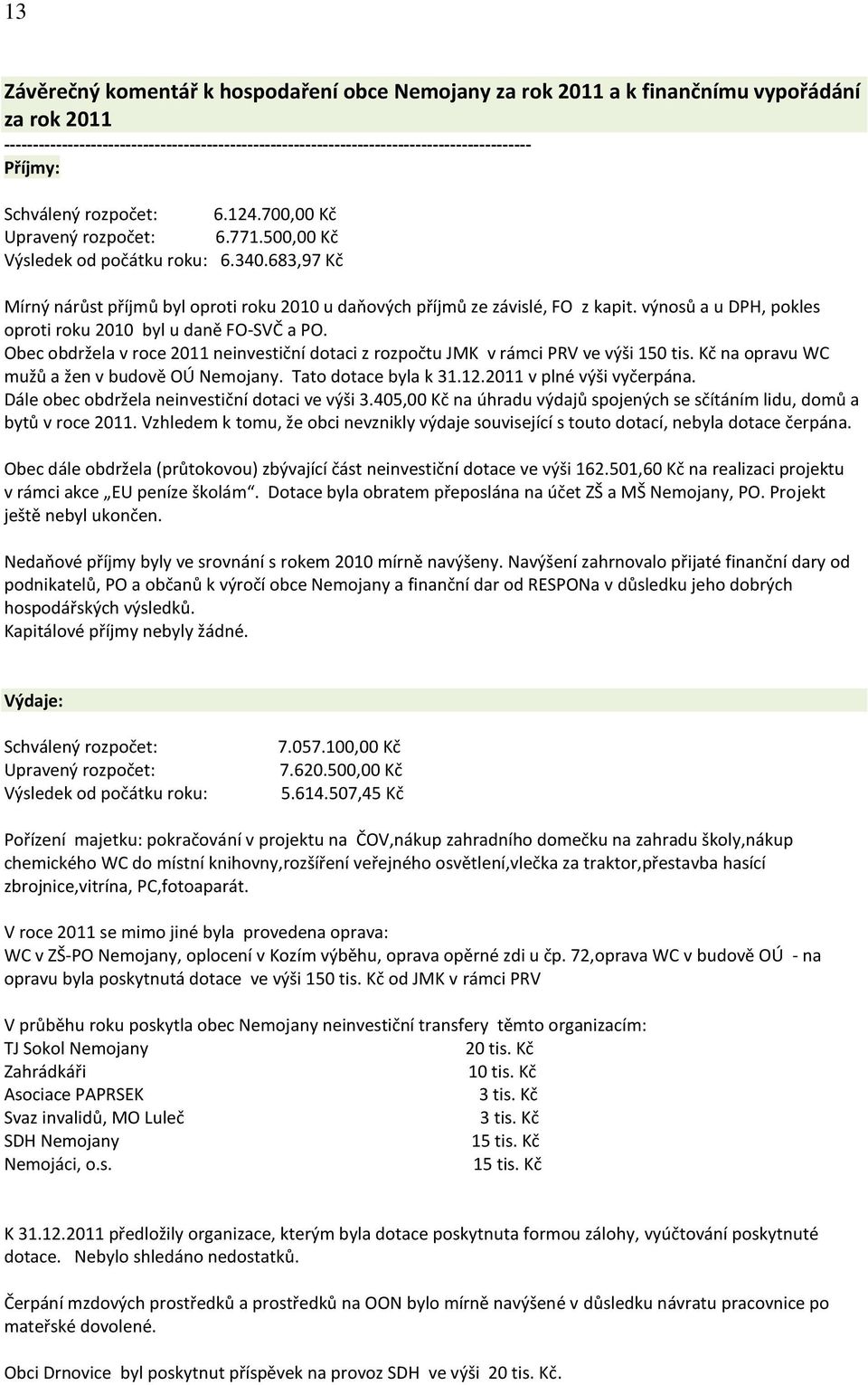 výnosů a u DPH, pokles oproti roku 2010 byl u daně FO-SVČ a PO. Obec obdržela v roce 2011 neinvestiční dotaci z rozpočtu JMK v rámci PRV ve výši 150 tis.