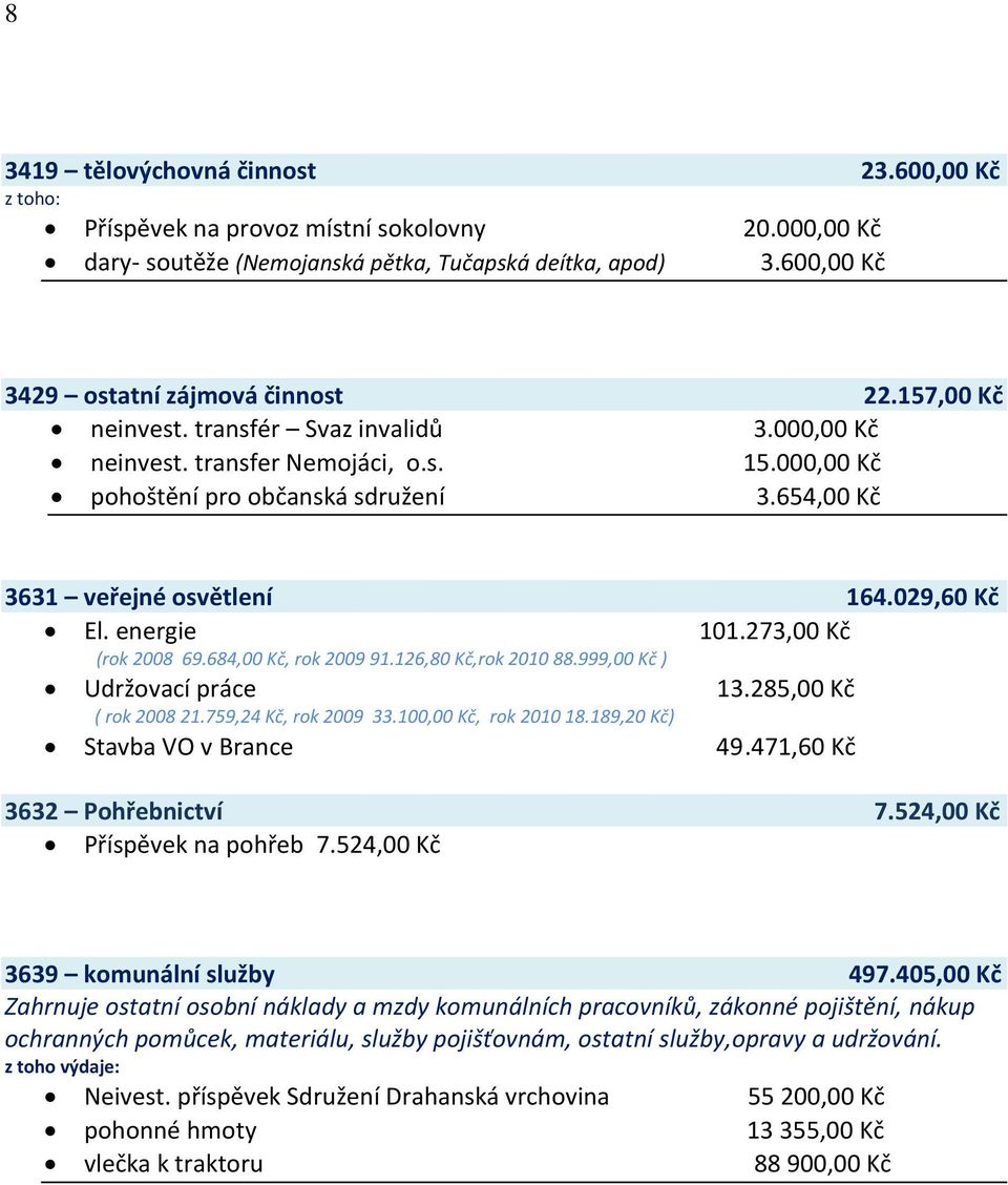 energie (rok 2008 69.684,00 Kč, rok 2009 91.126,80 Kč,rok 2010 88.999,00 Kč ) 101.273,00 Kč Udržovací práce 13.285,00 Kč ( rok 2008 21.759,24 Kč, rok 2009 33.100,00 Kč, rok 2010 18.